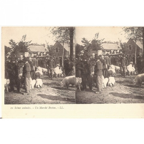 Carte Postale Stereo Ancienne "Un Marché Breton"